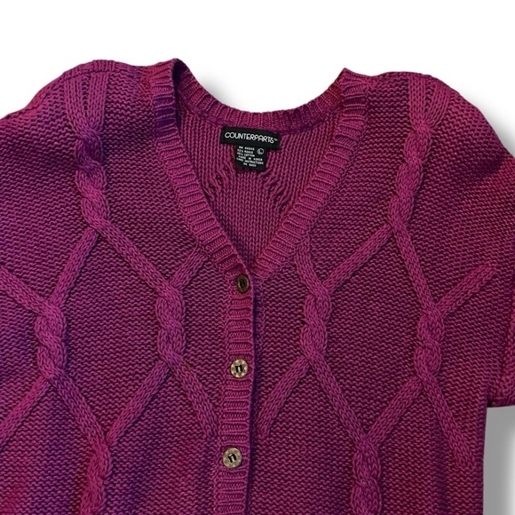 Vintage 90s Counterparts Cardigan Cable Knit Short Sleeve ButtonUp Korea Medium - Picture 3 of 6